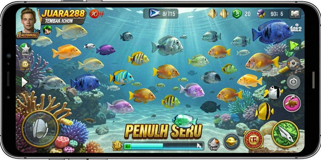 Gameplay JUARA288 menunjukkan aksi seru menembak ikan di bawah laut.
